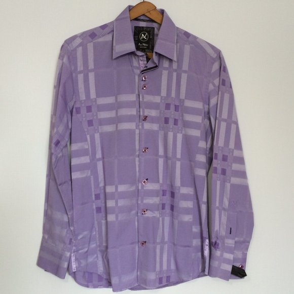Au Noir Mens Dress Button Shirt Sz 1 XS Purple Woven Jacquard Long Sleeve - Picture 1 of 9